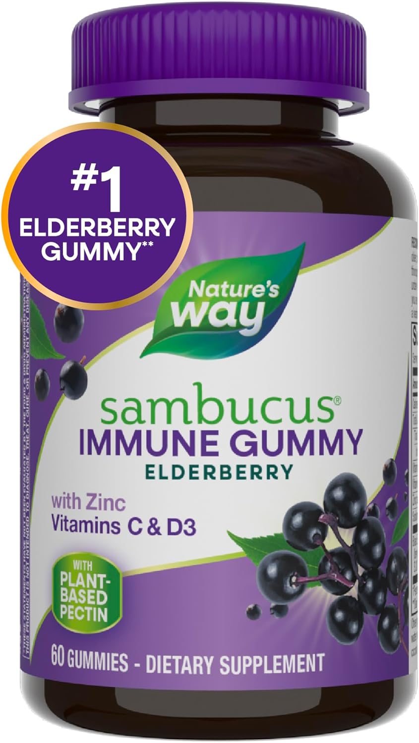 Nature’s Way Sambucus Elderberry Immune Gummies, Daily Immune Support For Kids And Adults*, With Vitamin C, Vitamin D3, Zinc, Gluten Free, Vegetarian, 60 Gummies (Packaging May Vary)