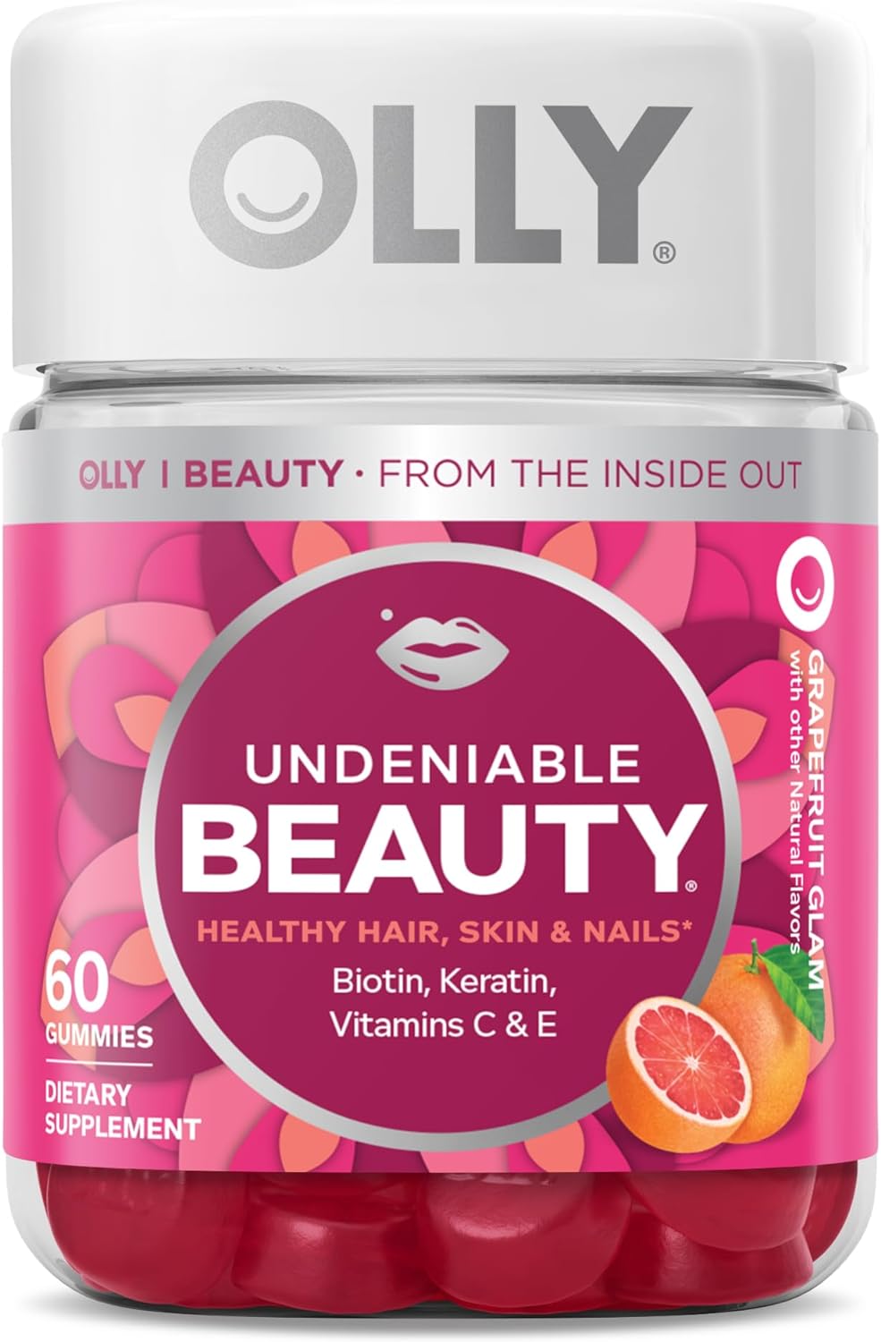 Olly Undeniable Beauty Gummy, For Hair, Skin, Nails, Biotin, Vitamin C, Keratin, Chewable Supplement, Grapefruit, 30 Day Supply - 60 Count