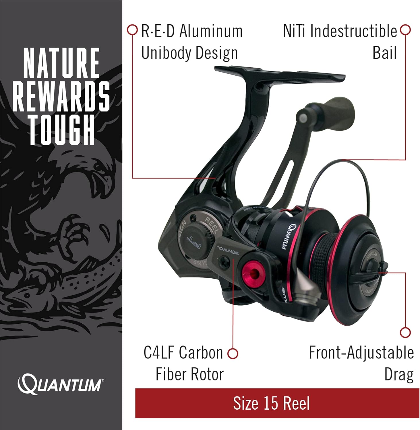 Quantum Smoke Spinning Fishing Reel, Changeable Right- Or Left-Hand Retrieve, Continuous Anti-Reverse Clutch With Niti Indestructible Bail, Scr Alloy Frame, Black