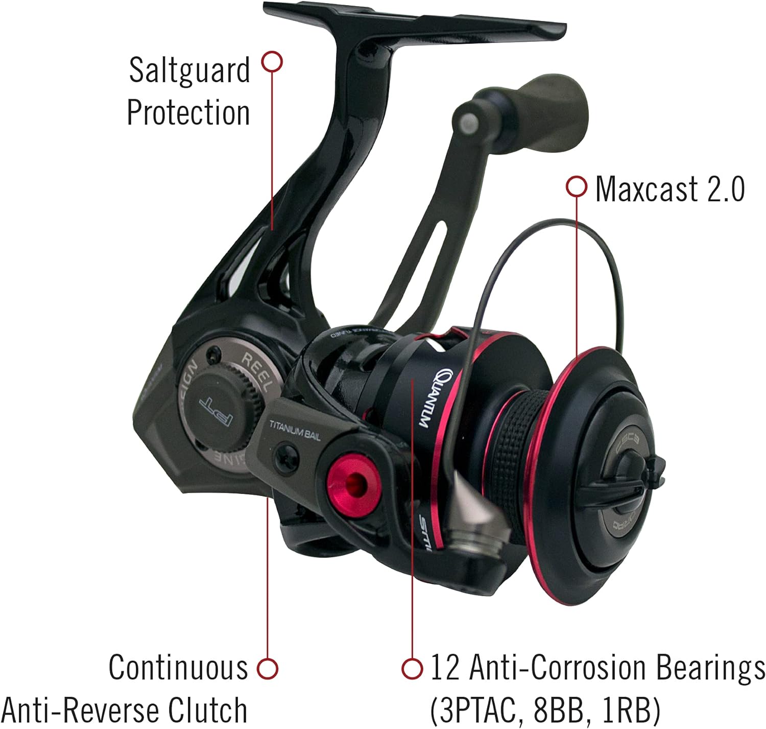 Quantum Smoke Spinning Fishing Reel, Changeable Right- Or Left-Hand Retrieve, Continuous Anti-Reverse Clutch With Niti Indestructible Bail, Scr Alloy Frame, Black