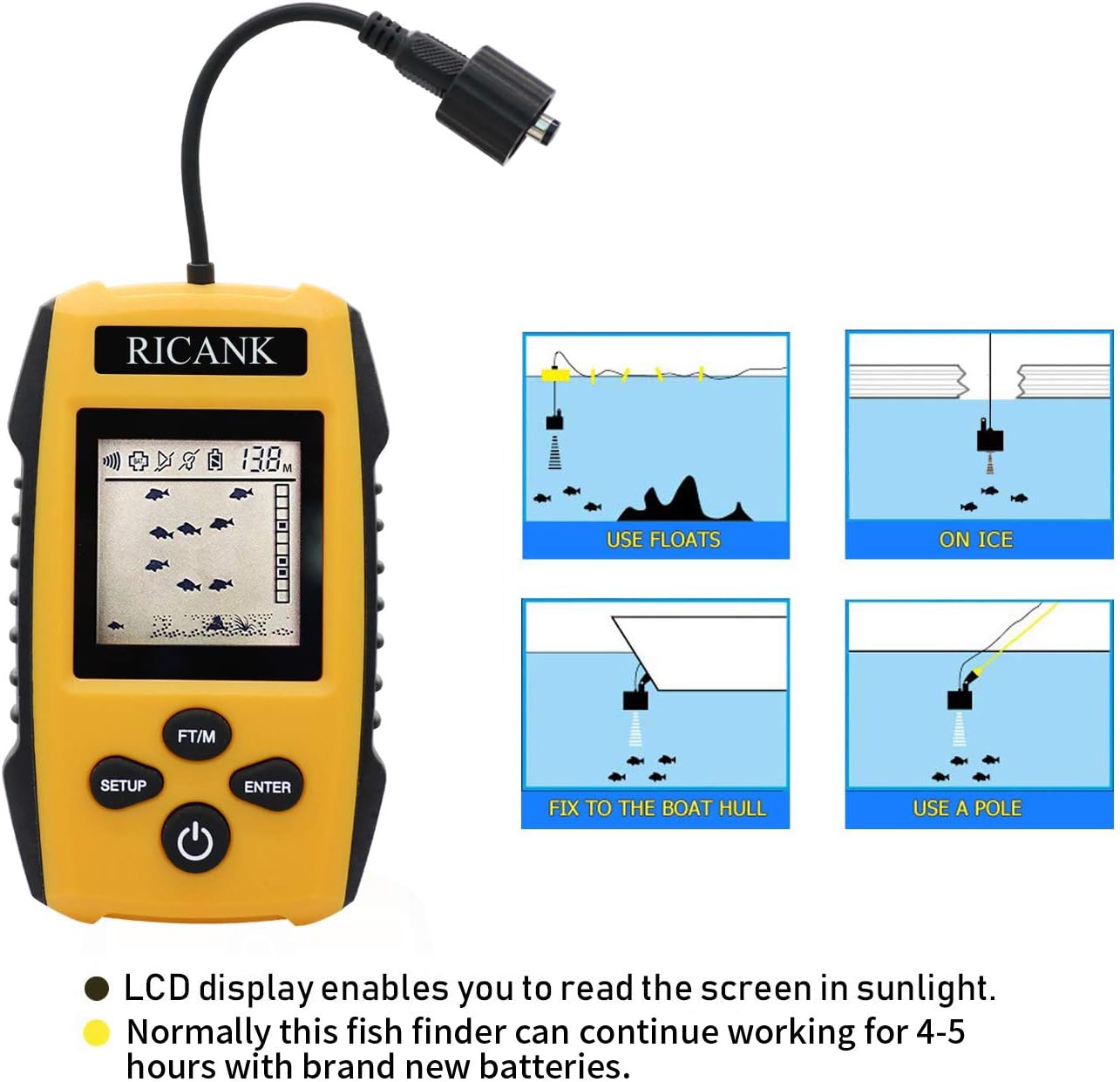 Ricank Portable Fish Finder, Handheld Fish Depth Finder Contour Readout Fishfinder Ice Kayak Shore Boat Fishing Fish Detector Device With Sonar Sensor Transducer And Lcd Display Gear Fish Depth Finder