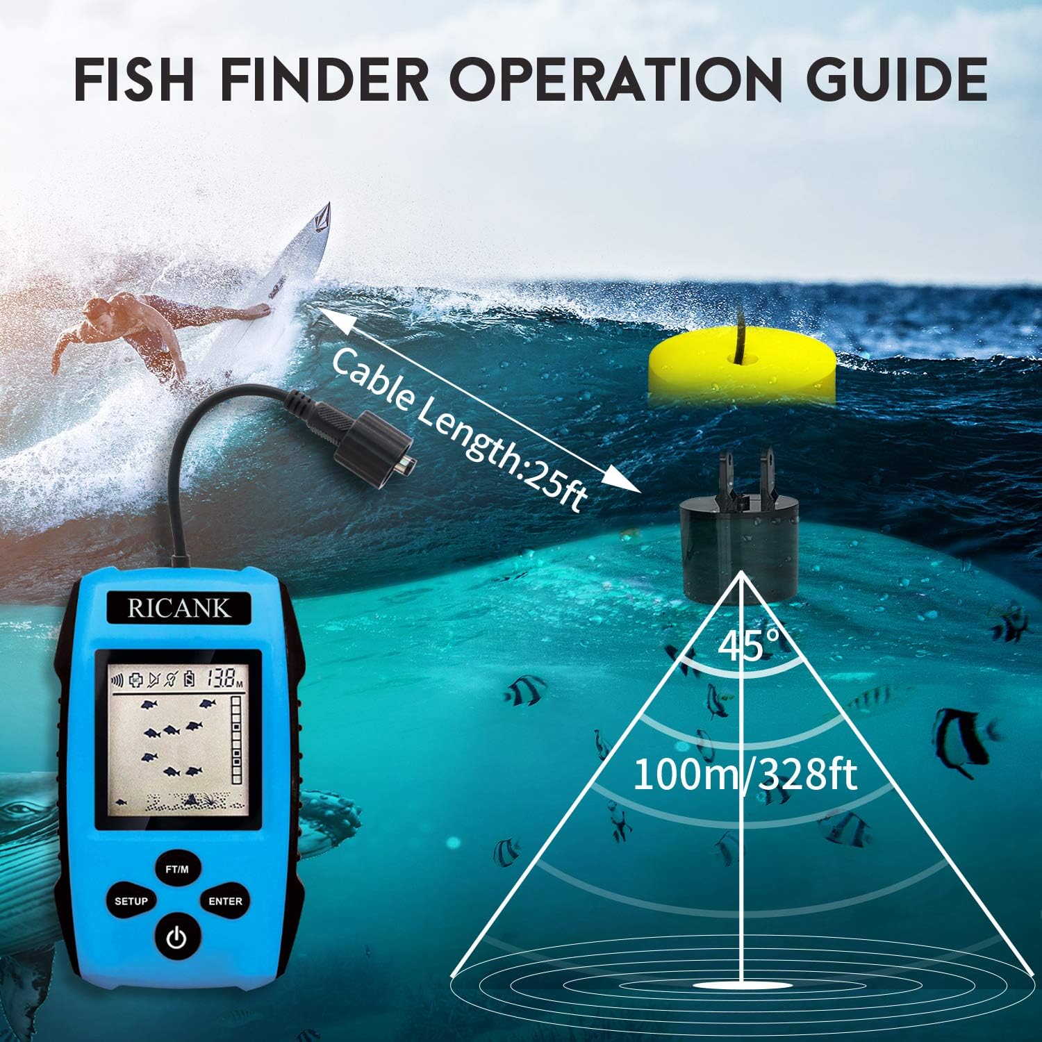 Ricank Portable Fish Finder, Handheld Fish Depth Finder Contour Readout Fishfinder Ice Kayak Shore Boat Fishing Fish Detector Device With Sonar Sensor Transducer And Lcd Display Gear Fish Depth Finder