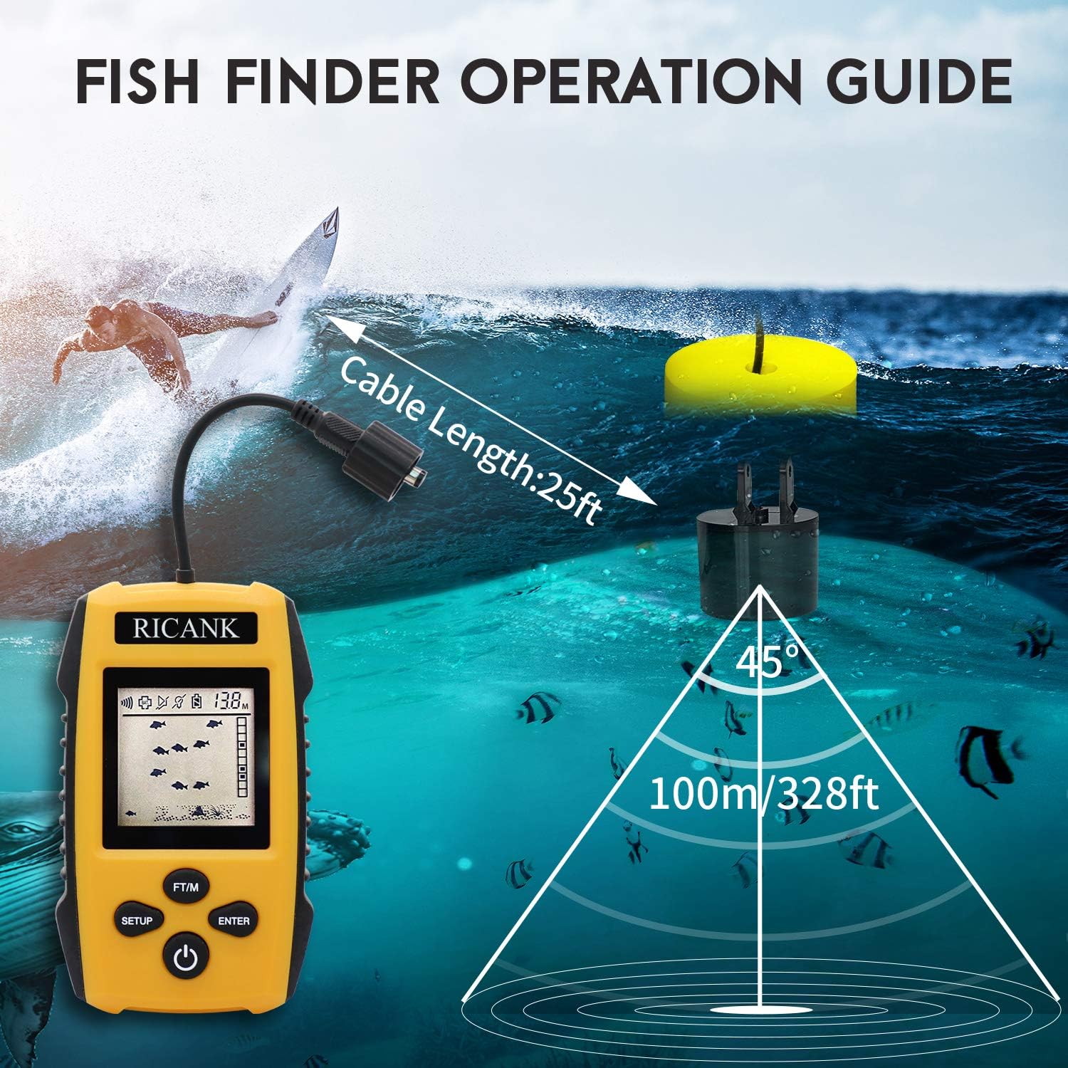 Ricank Portable Fish Finder With Hard Travel Eva Case, Handheld Fish Depth Finder Ice Kayak Shore Boat Fishing Fish Detector Device Sonar Sensor Transducer And Lcd Display With Fishfinder Case