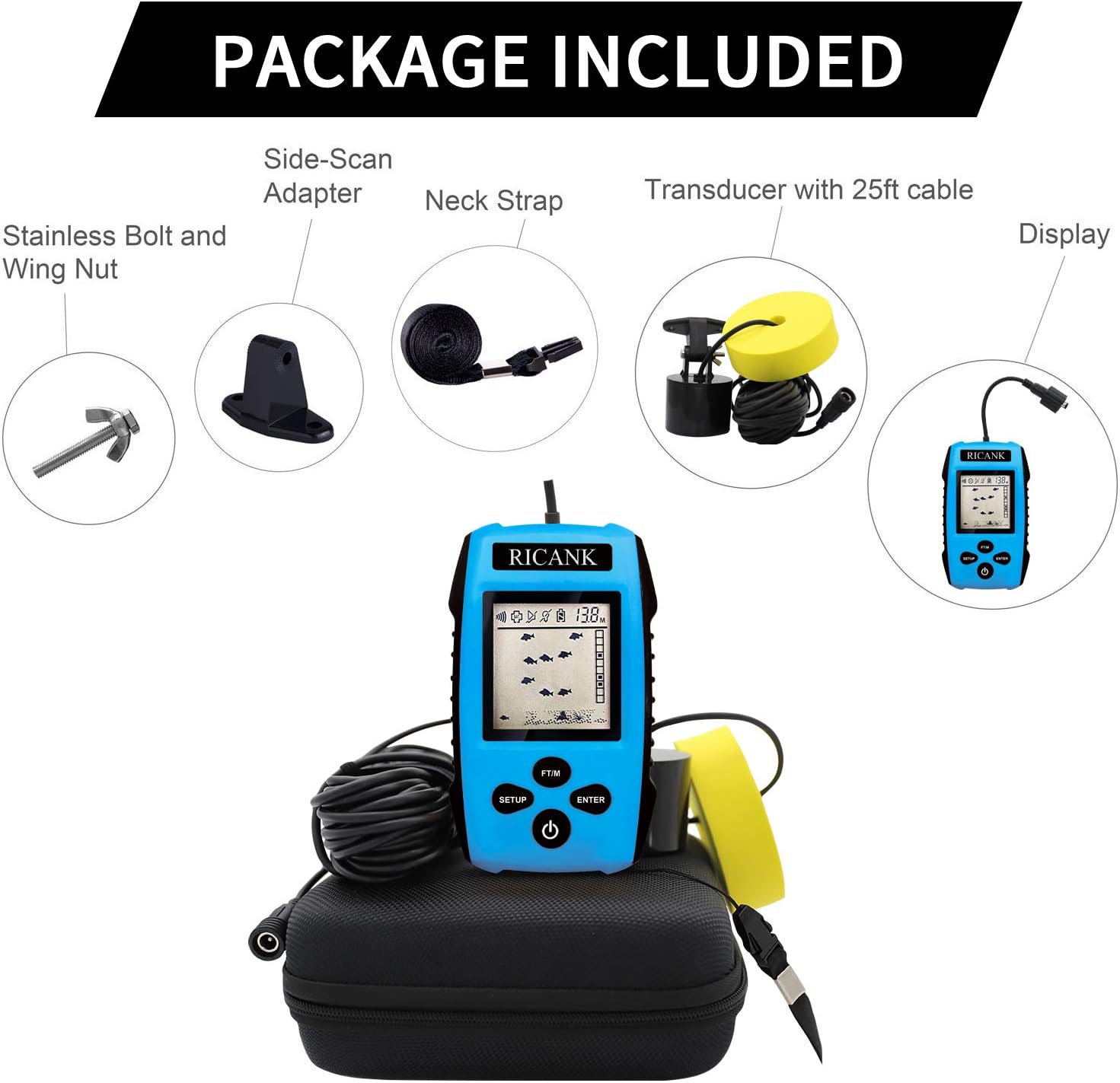 Ricank Portable Fish Finder With Hard Travel Eva Case, Handheld Fish Depth Finder Ice Kayak Shore Boat Fishing Fish Detector Device Sonar Sensor Transducer And Lcd Display With Fishfinder Case