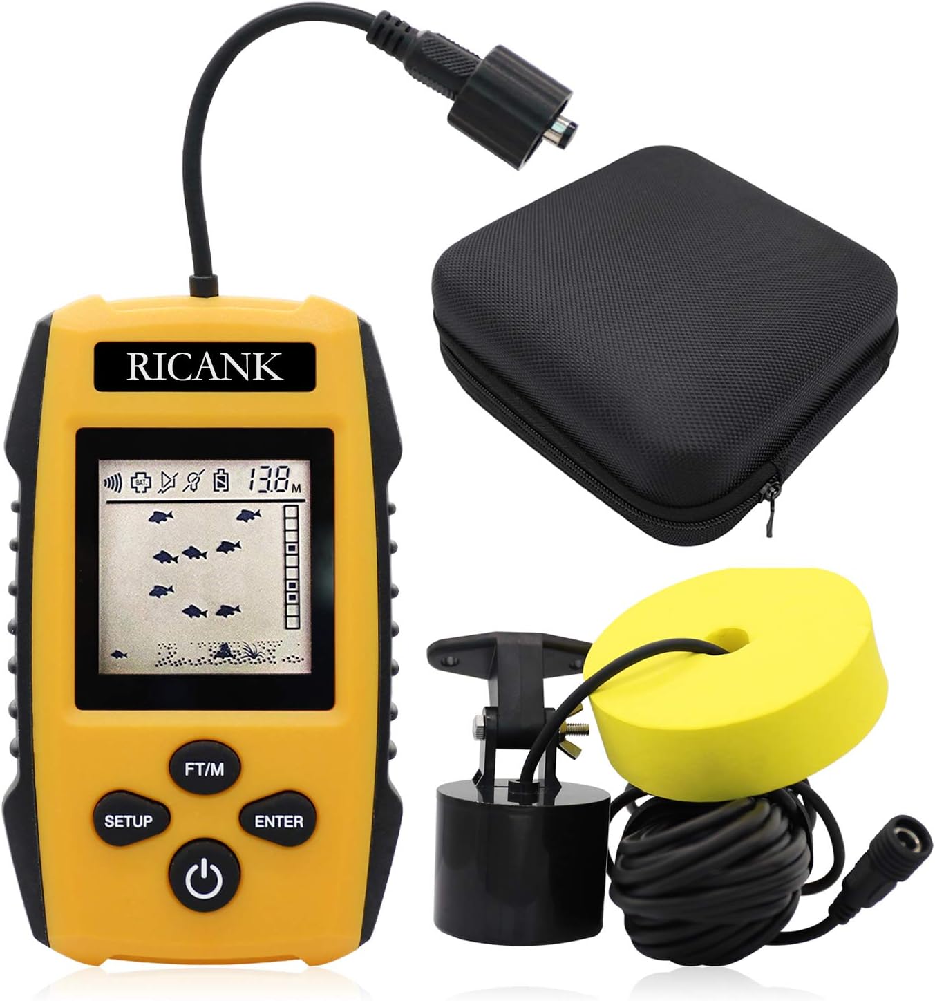 Ricank Portable Fish Finder With Hard Travel Eva Case, Handheld Fish Depth Finder Ice Kayak Shore Boat Fishing Fish Detector Device Sonar Sensor Transducer And Lcd Display With Fishfinder Case