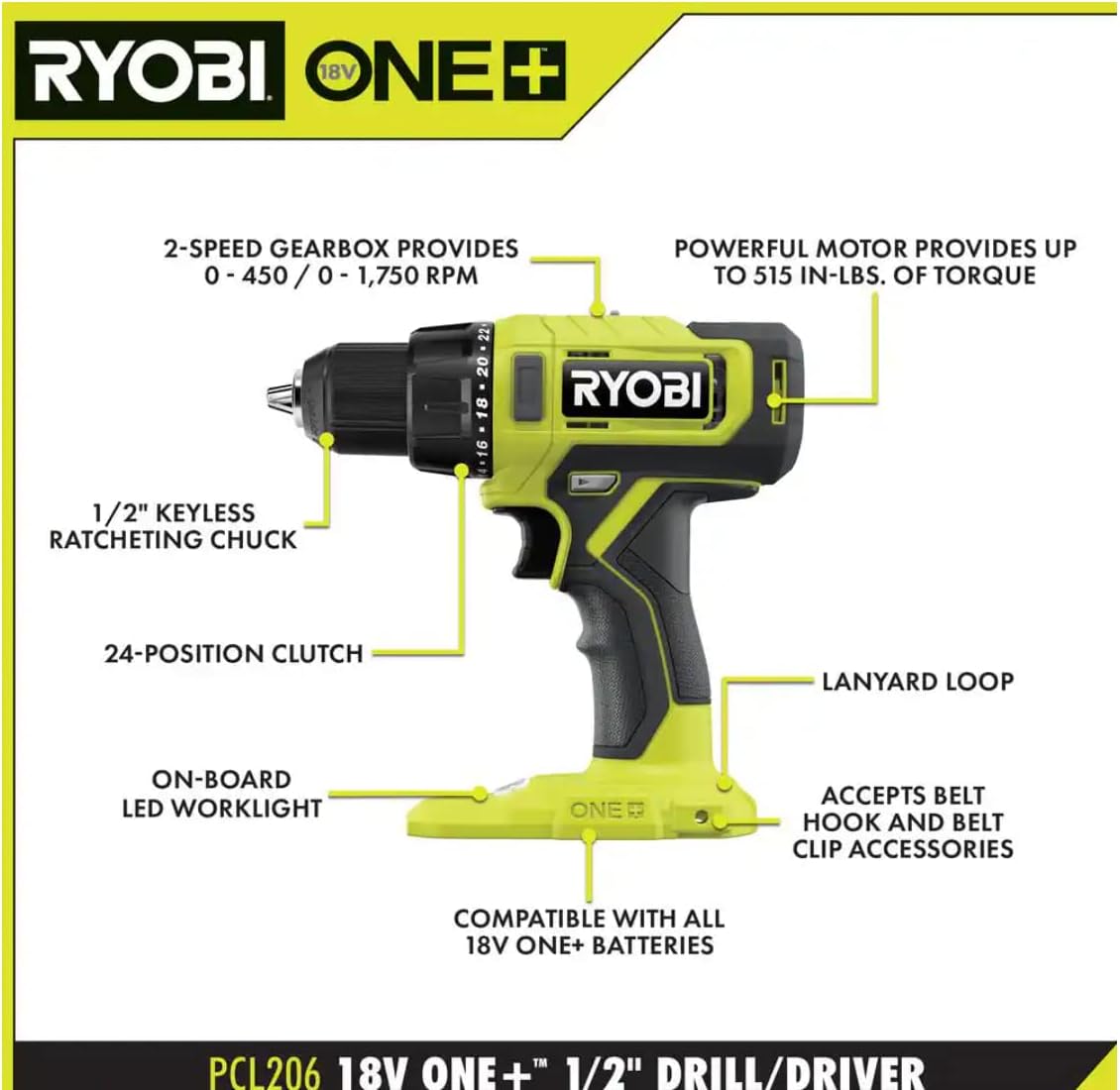 Ryobi One+ Pcl1600K2 18V Cordless 6-Tool Combo Kit With 1.5 Ah Battery, 4.0 Ah Battery, And Charger