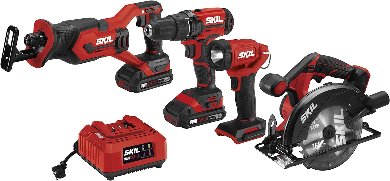 Skil 20V 4-Tool Combo Kit: 20V Cordless Drill Driver Reciprocating Saw, Circular Saw And Spotlight, Includes Two 2.0Ah Pwr Core Lithium Batteries And One Charger - Cb739701,Black, Red