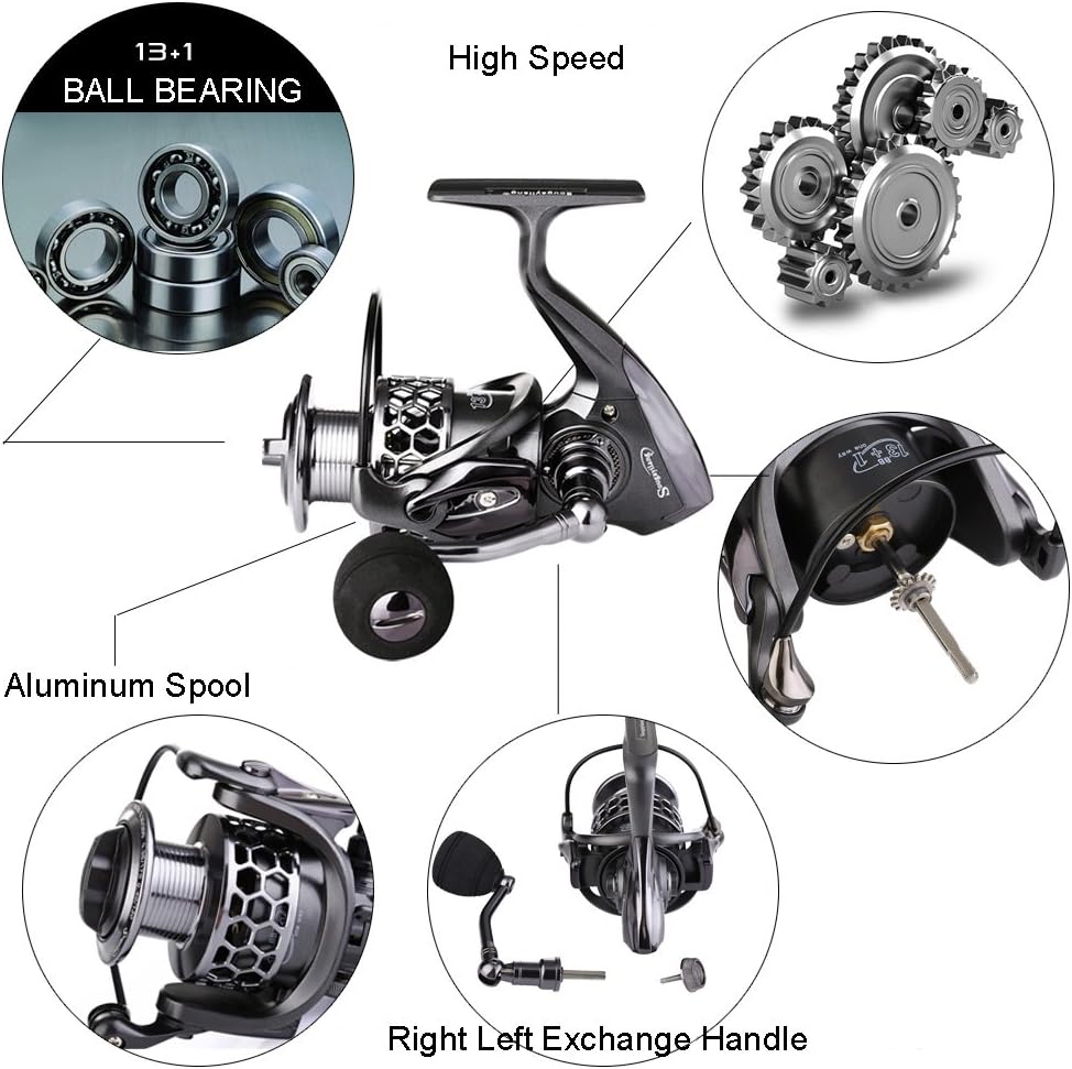 Sougayilang Fishing Reel 13+1Bb Light Weight Ultra Smooth Aluminum Spinning Fishing Reel With Free Spare Graphite Spool