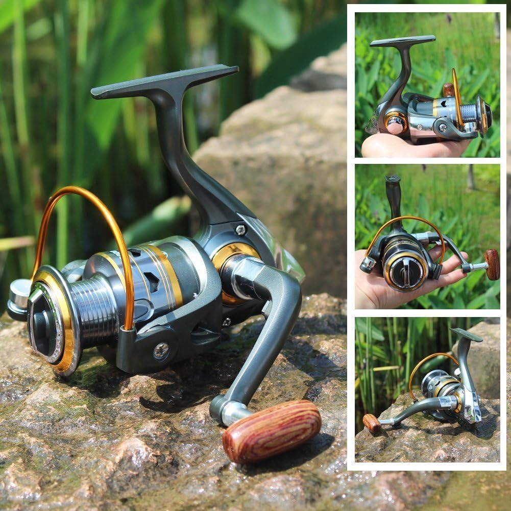 Sougayilang Spinning Fishing Reels With Left/Right Interchangeable Collapsible Wood Handle Powerful Metal Body 5.2:1/5.1:1 Gear Ratio Smooth 11Bb For Inshore Boat Rock Freshwater Saltwater Fishing