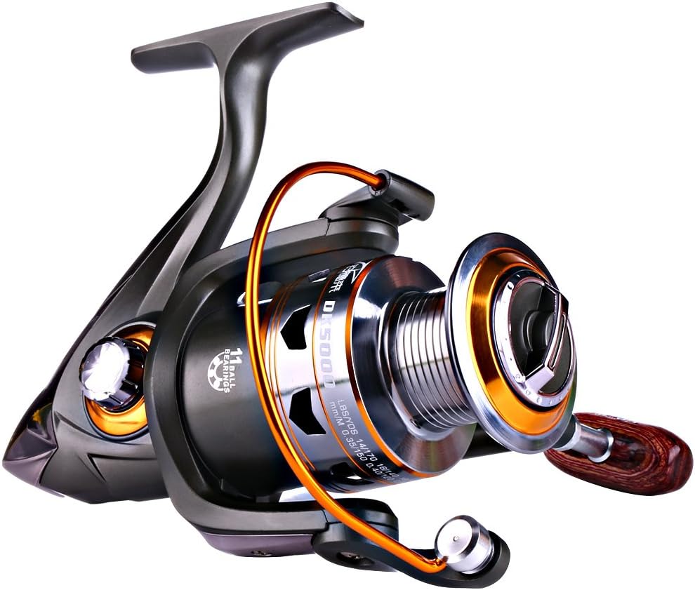 Sougayilang Spinning Fishing Reels With Left/Right Interchangeable Collapsible Wood Handle Powerful Metal Body 5.2:1/5.1:1 Gear Ratio Smooth 11Bb For Inshore Boat Rock Freshwater Saltwater Fishing