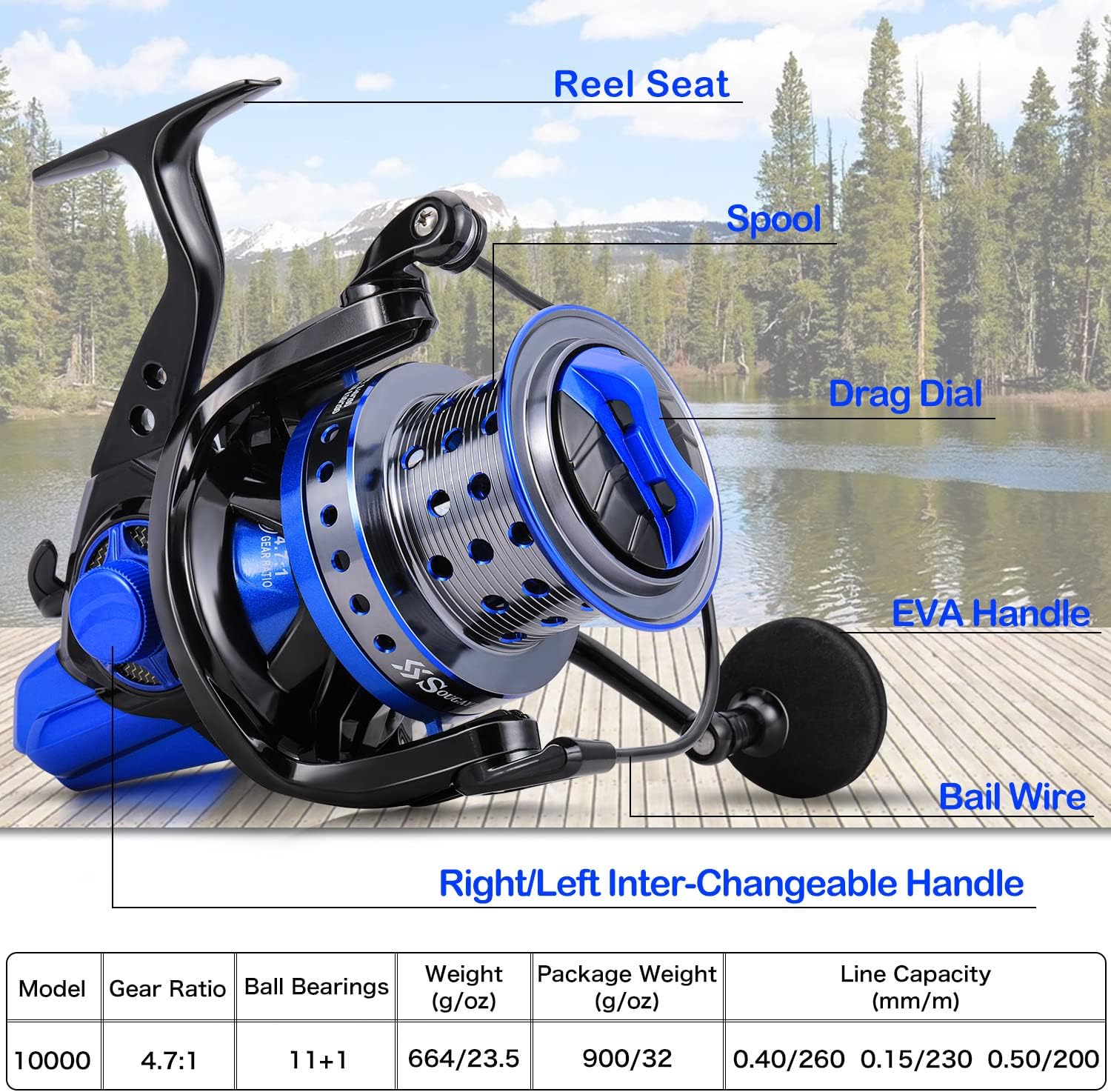 Sougayilang Spinning Reels 10000 Series Surf Fishing Reels, Ultra Smooth Powerful With Cnc Aluminum Spool, Inshore  Offshore Saltwater Fishing