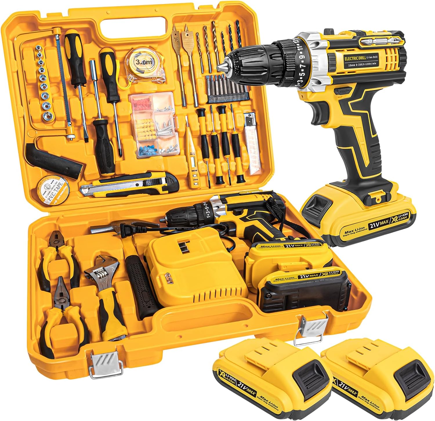 Tiktik 21V Cordless Drill Set Combo Kit,119 Pcs Household Tool Sets For Men,Basic Power Drill Tool Kit,Tool Set With Drill  2 * 2.0Ah Battery  1 Fast Charger,Home Kit For House And Garden Repairs