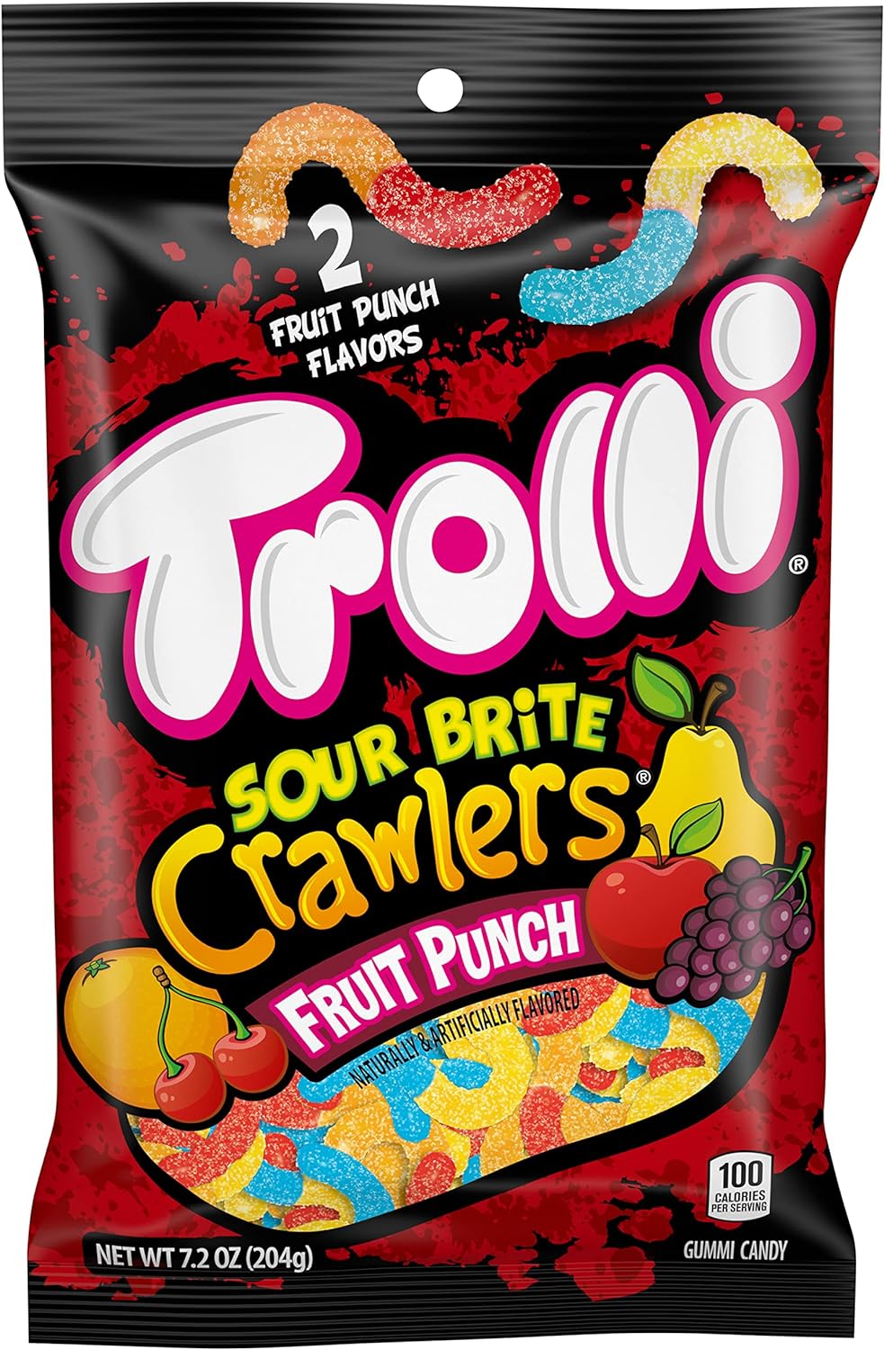 Trolli Sour Brite Crawlers Candy, Fruit Punch Flavored Sour Gummy Worms, 7.2 Ounce