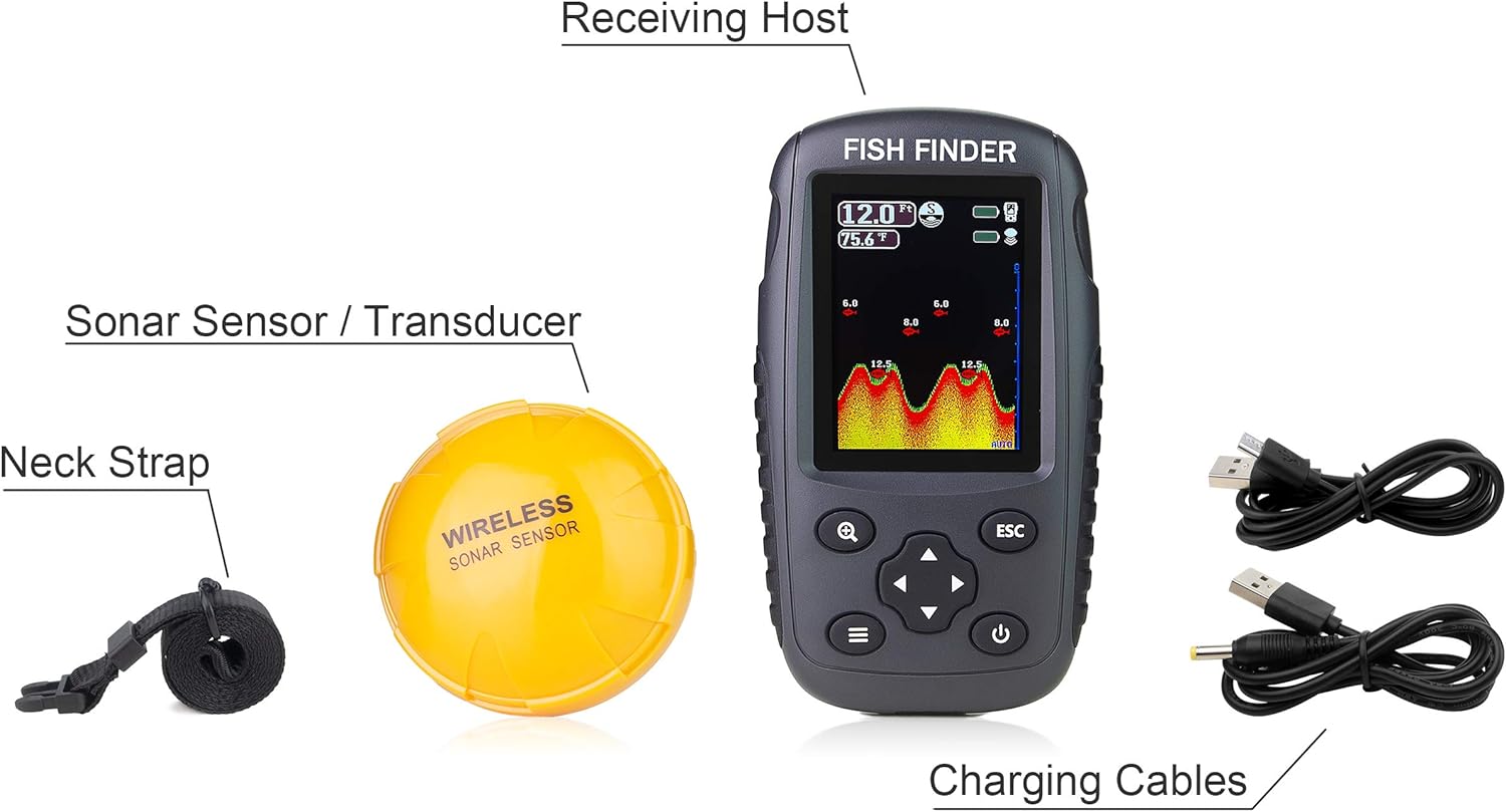 Venterior Portable Rechargeable Fish Finder Wireless Sonar Sensor Fishfinder Depth Locator With Fish Size, Water Temperature, Bottom Contour, Color Lcd Display