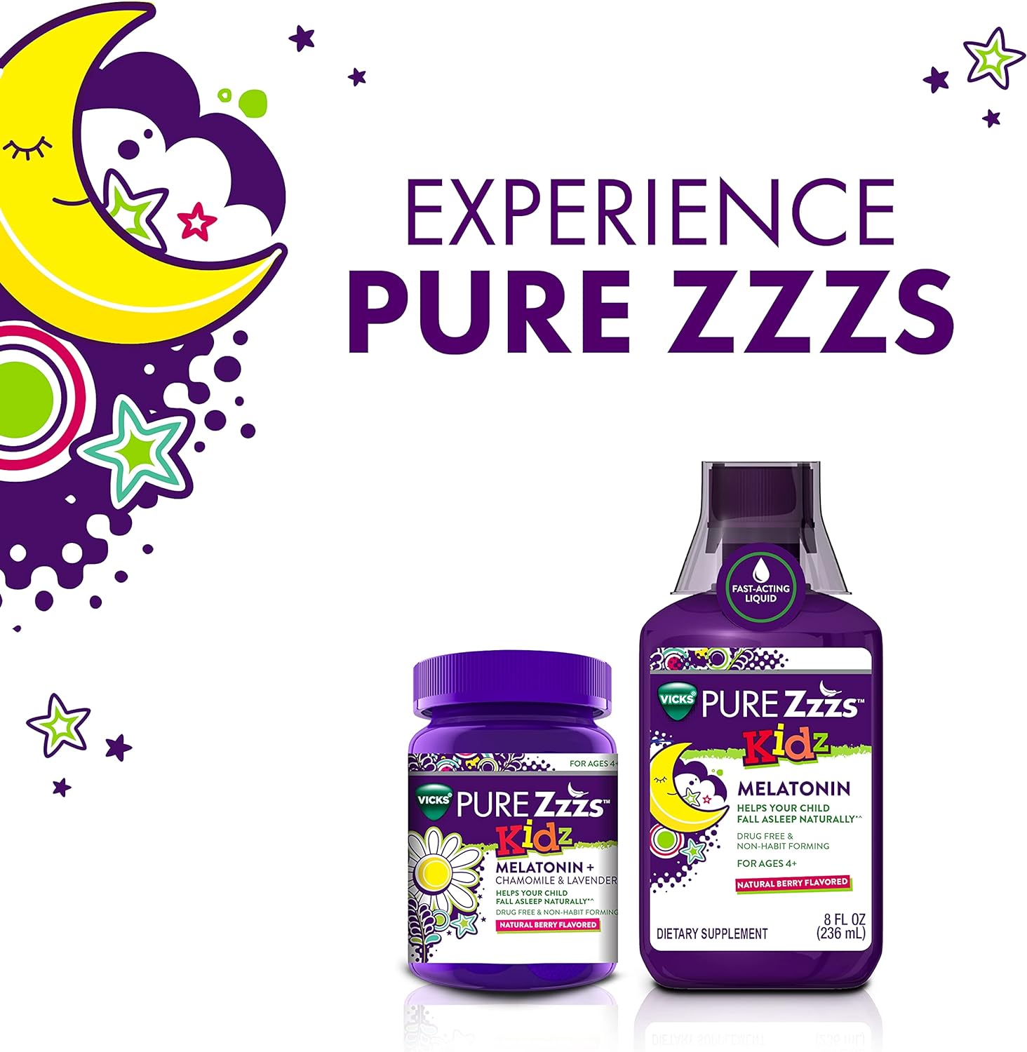Vicks Pure Zzzs Kidz, Melatonin Sleep Aid Gummies For Kids And Children, Helps Your Child Fall Asleep Naturally, Low Dose Melatonin, 72 Gummies