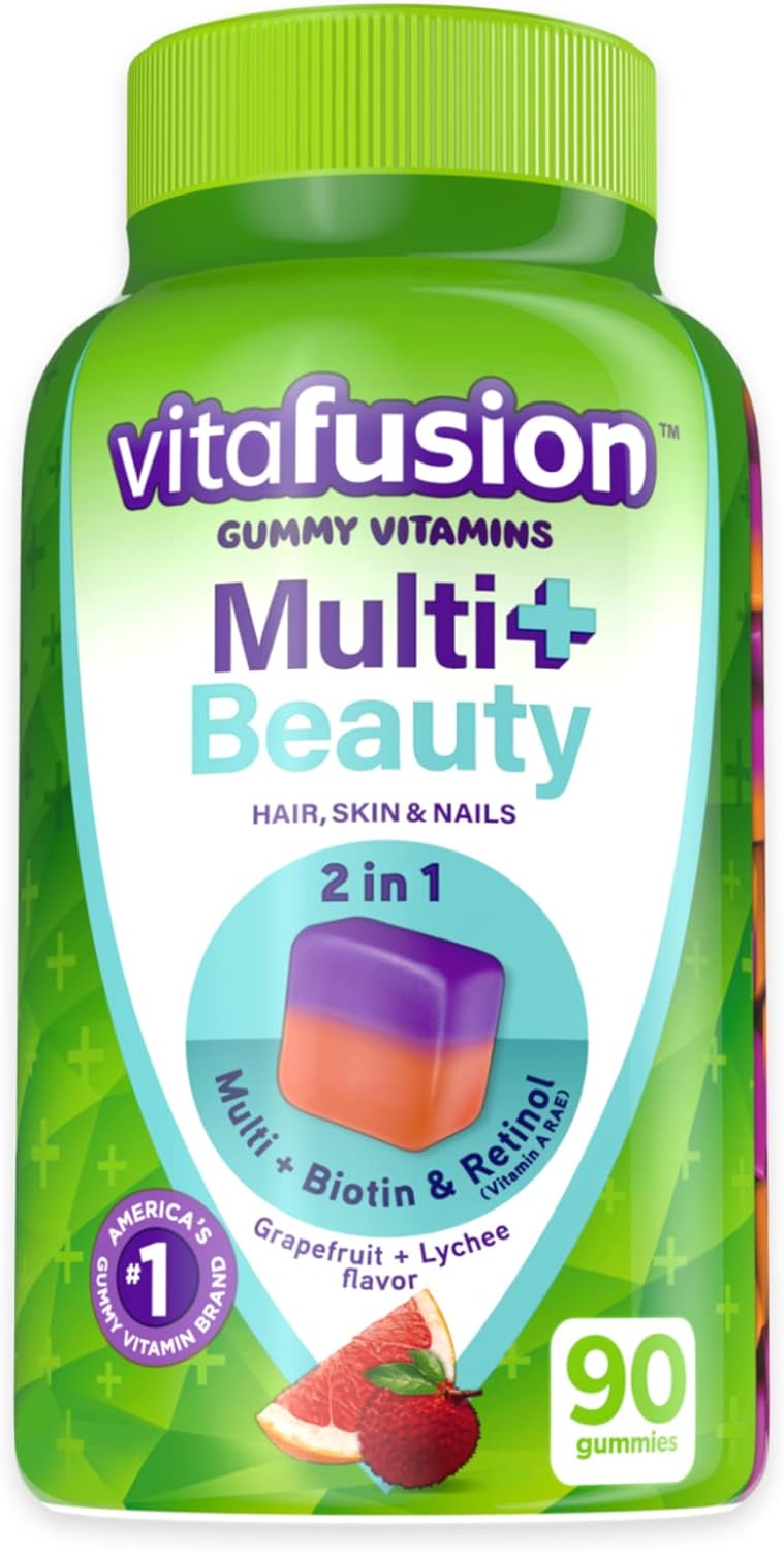 Vitafusion Multivitamin Plus Beauty – 2-In-1 Benefits – Adult Gummy With Hair, Skin  Nails Support (Biotin  Retinol – Vitamin A Rae) Daily, 90 Count