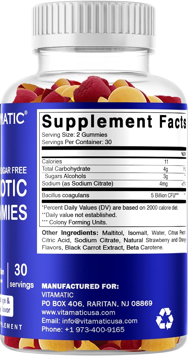 Vitamatic 2 Pack Sugar Free Probiotic Gummies For Men And Women 5 Billion Cfus - Digestive, Immune  Gut Health - Gluten Free