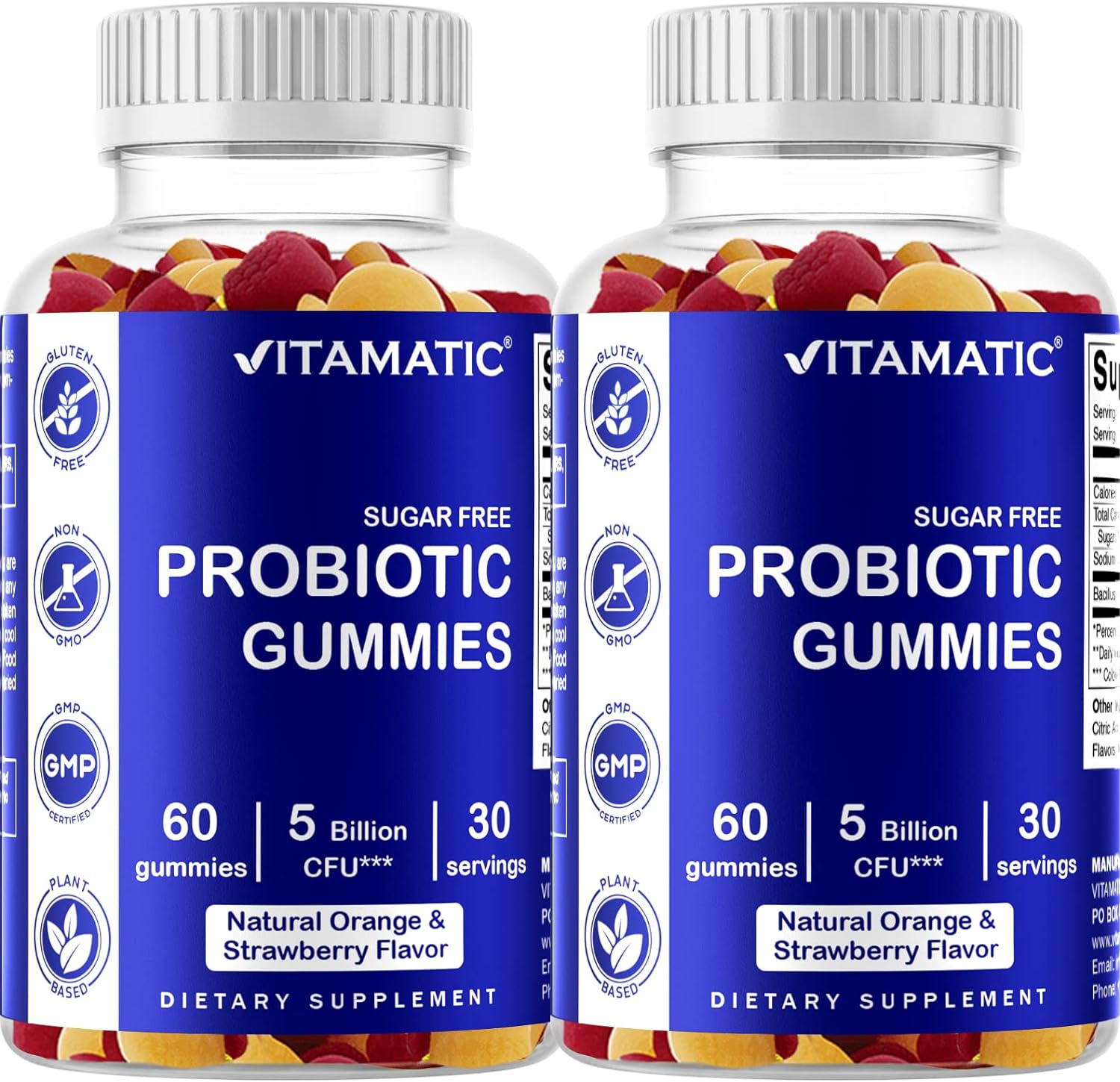 Vitamatic 2 Pack Sugar Free Probiotic Gummies For Men And Women 5 Billion Cfus - Digestive, Immune  Gut Health - Gluten Free