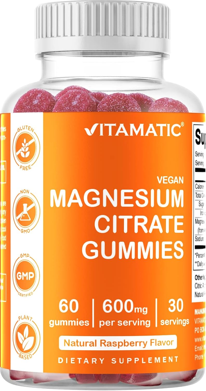 Vitamatic Magnesium Citrate Gummies 600Mg Per Serving - 60 Vegan Gummies - Promotes Healthy Relaxation, Muscle, Bone,  Energy Support (60 Gummies (Pack Of 1))
