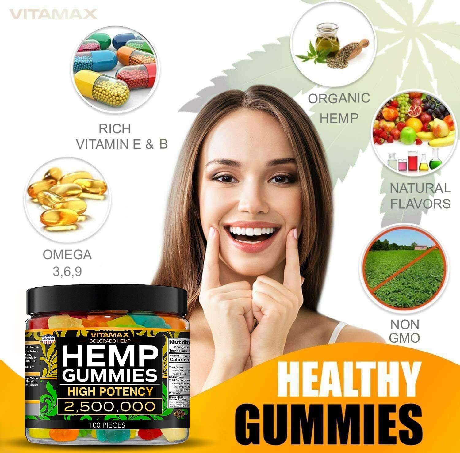 Vitamax Hemp Gummies - Great For Peace  Relaxation - 2,500,000 - Natural Fruit Flavors Tasty Relief – Made In Usa – Relaxing Gummies – 100Ct