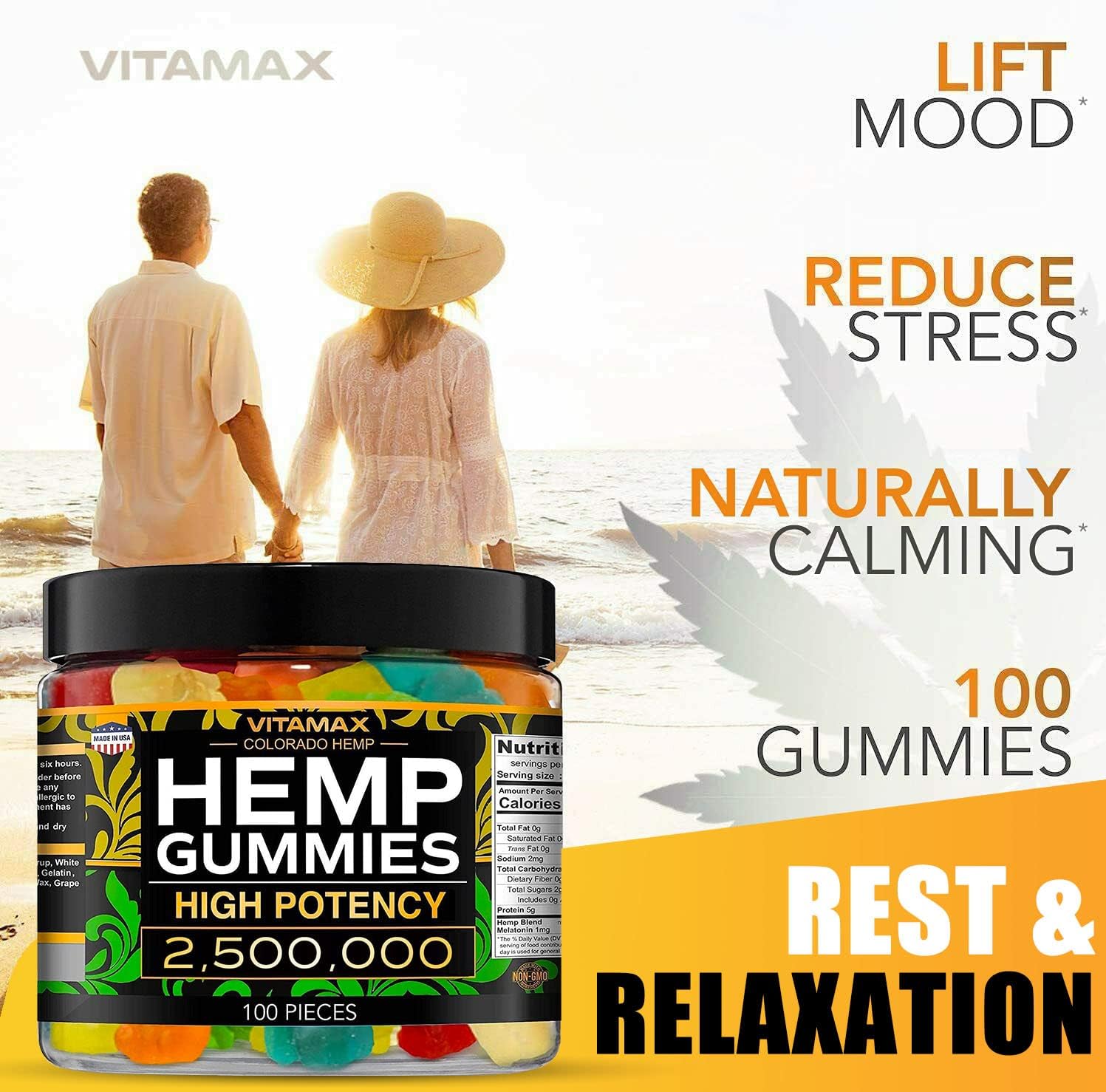 Vitamax Hemp Gummies - Great For Peace  Relaxation - 2,500,000 - Natural Fruit Flavors Tasty Relief – Made In Usa – Relaxing Gummies – 100Ct