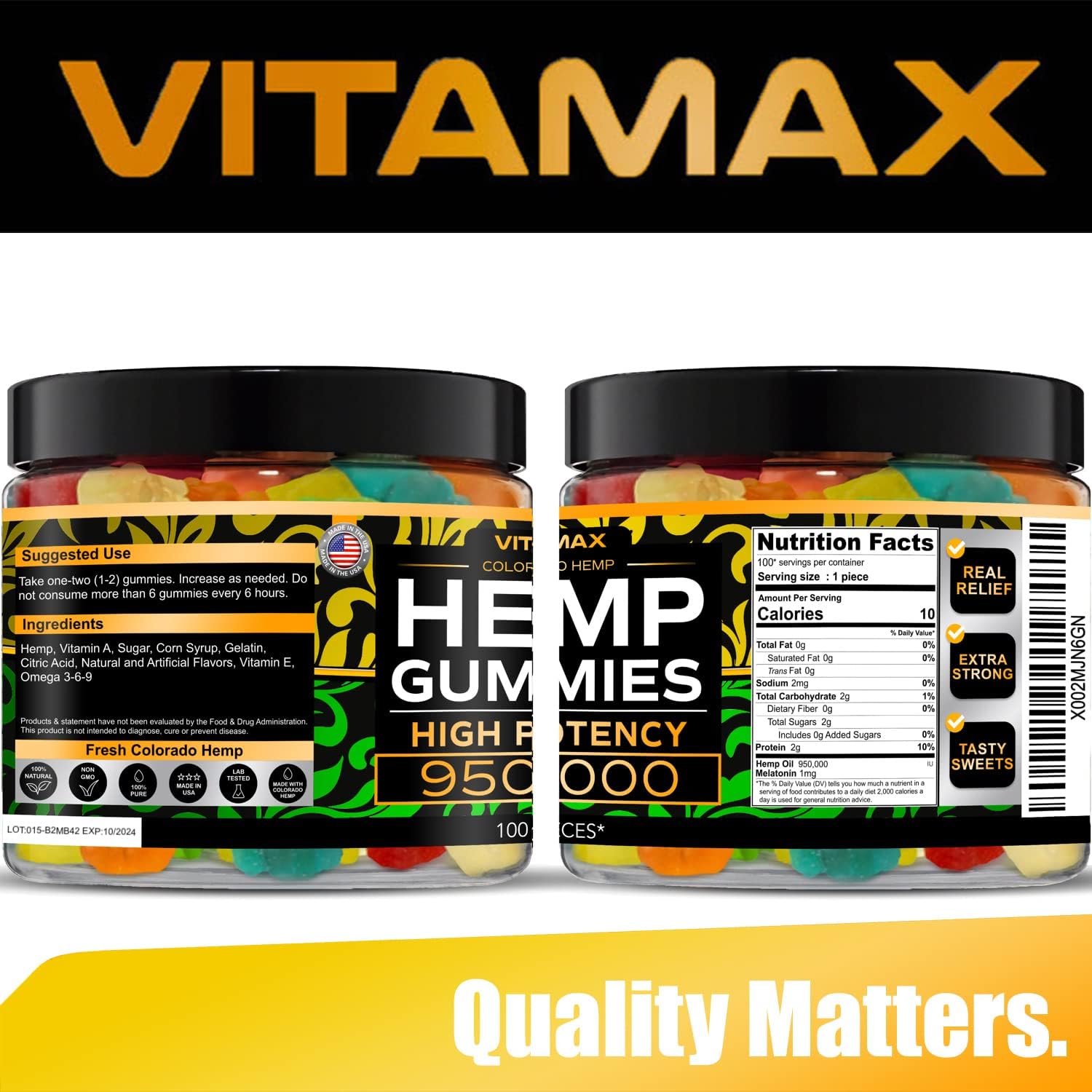 Vitamax Hemp Gummies – High Potency 950,000 – Natural Tasty Fruit Flavors - 100% Made In Usa - 100Ct