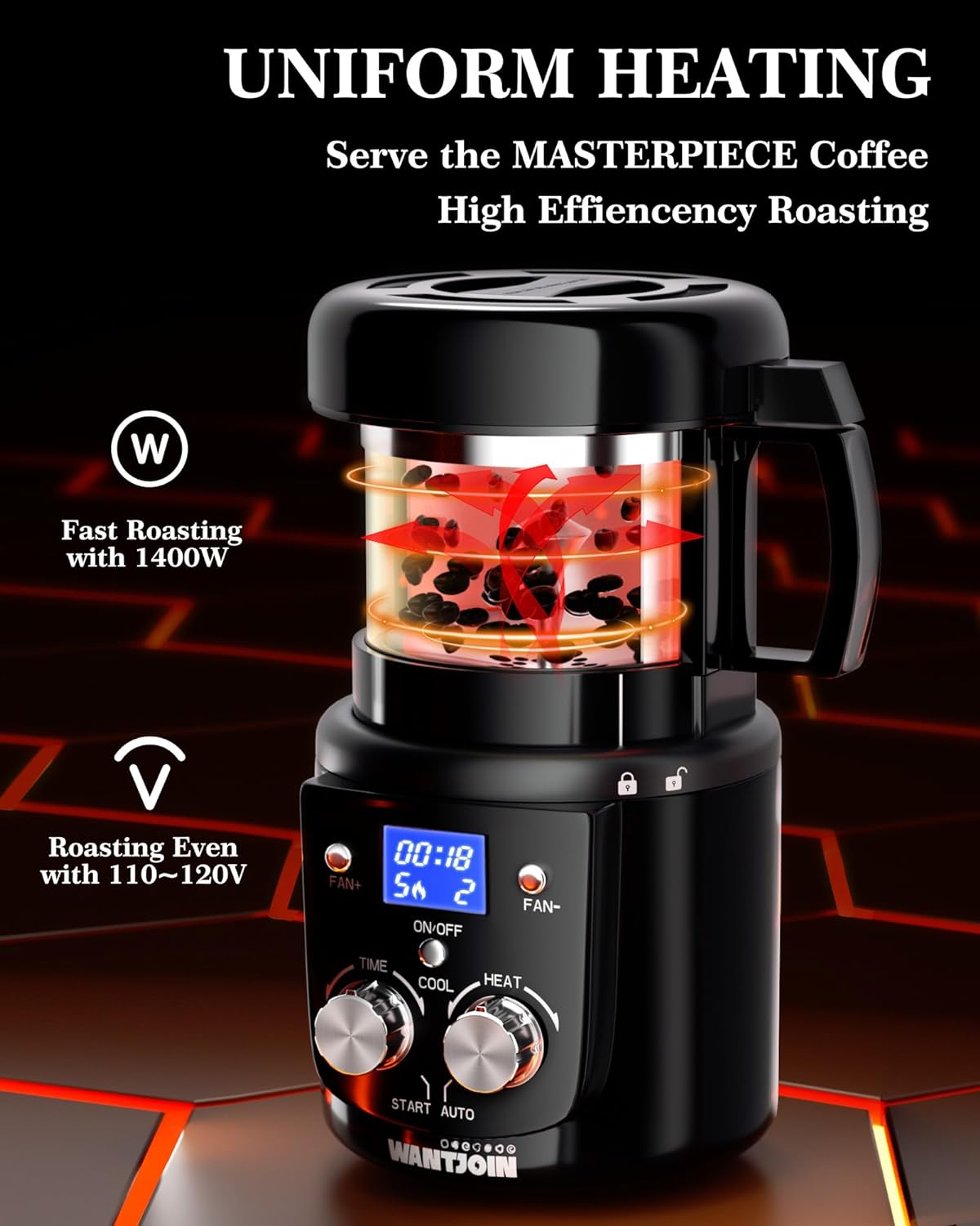 Wantjoin Coffee Bean Roaster Machine For Home Use, Coffee Roaster With Timer, Transparent Thickened Glass, Autodiy Mode, 100G Per Use, Valentines Day Gift For Coffee Lover, Friends,1400W