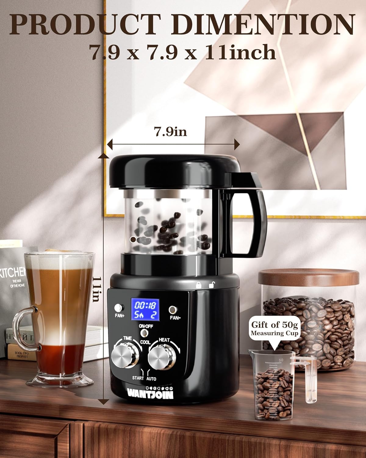 Wantjoin Coffee Bean Roaster Machine For Home Use, Coffee Roaster With Timer, Transparent Thickened Glass, Autodiy Mode, 100G Per Use, Valentines Day Gift For Coffee Lover, Friends,1400W