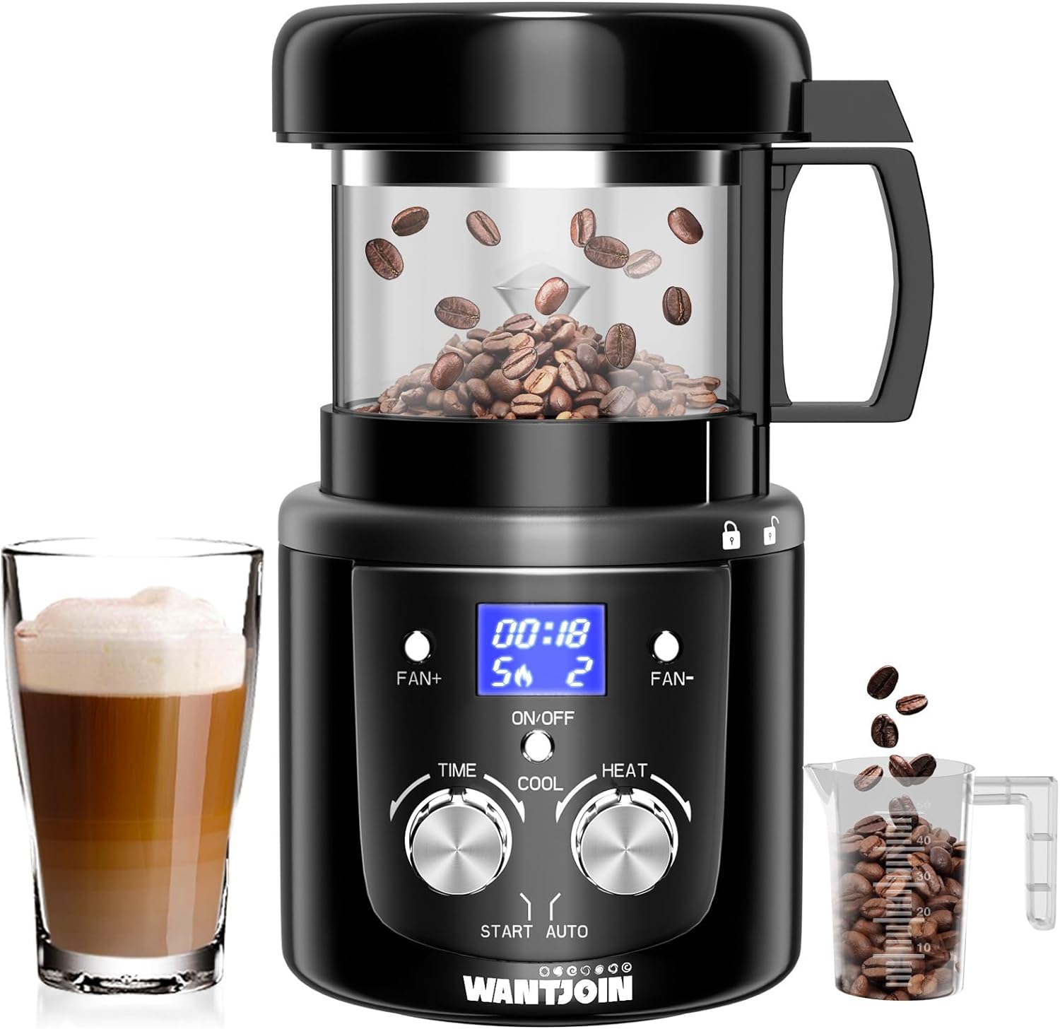 Wantjoin Coffee Bean Roaster Machine For Home Use, Coffee Roaster With Timer, Transparent Thickened Glass, Autodiy Mode, 100G Per Use, Valentines Day Gift For Coffee Lover, Friends,1400W