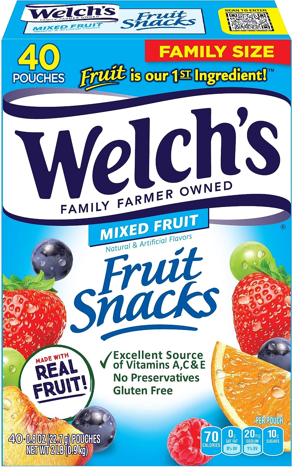 Welchs Fruit Snacks, Mixed Fruit, Great Valentines Day Gifts For Kids, Gluten Free, Bulk Pack, Individual Single Serve Bags, 0.8 Oz (Pack Of 40)