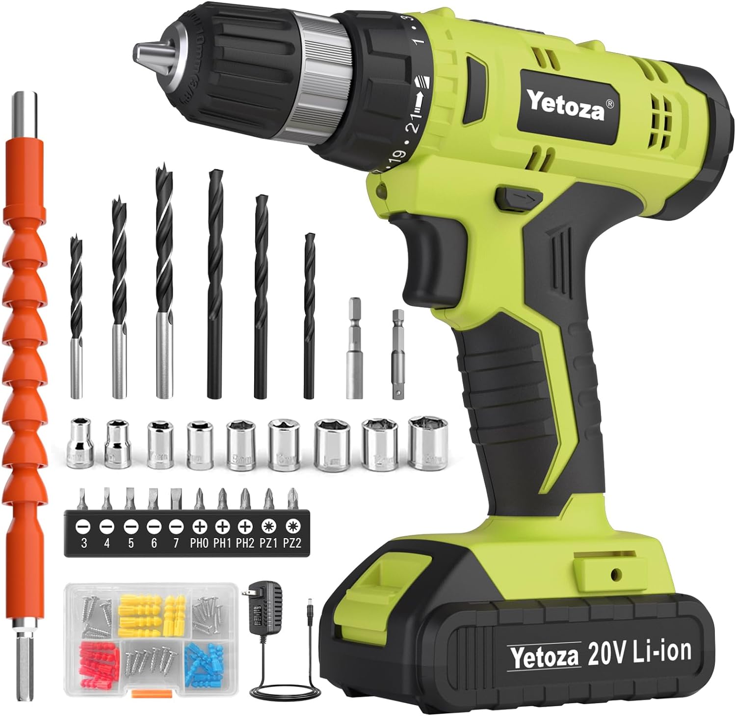 Yetoza Cordless Drill Set, 20V Lithium Ion Power Drill With Battery And Charger, Compact Driver/Drill Kit, 3/8-Inch Keyless Chuck, Variable Speed, 22 Position And 60 Drill Bits And Sockets (Green)