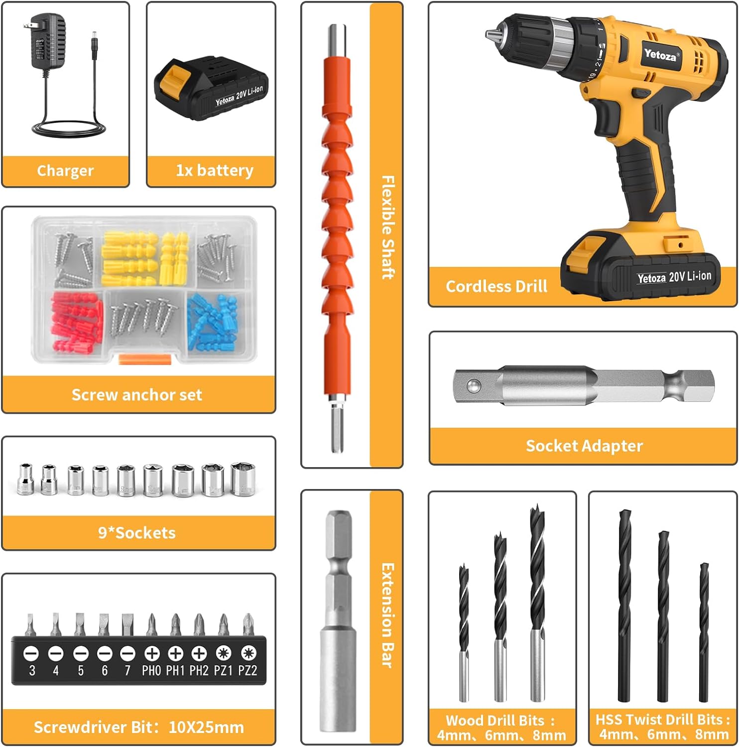 Yetoza Cordless Drill Set, 20V Lithium Ion Power Drill With Battery And Charger, Compact Driver/Drill Kit, 3/8-Inch Keyless Chuck, Variable Speed, 22 Position And 60 Drill Bits And Sockets (Green)