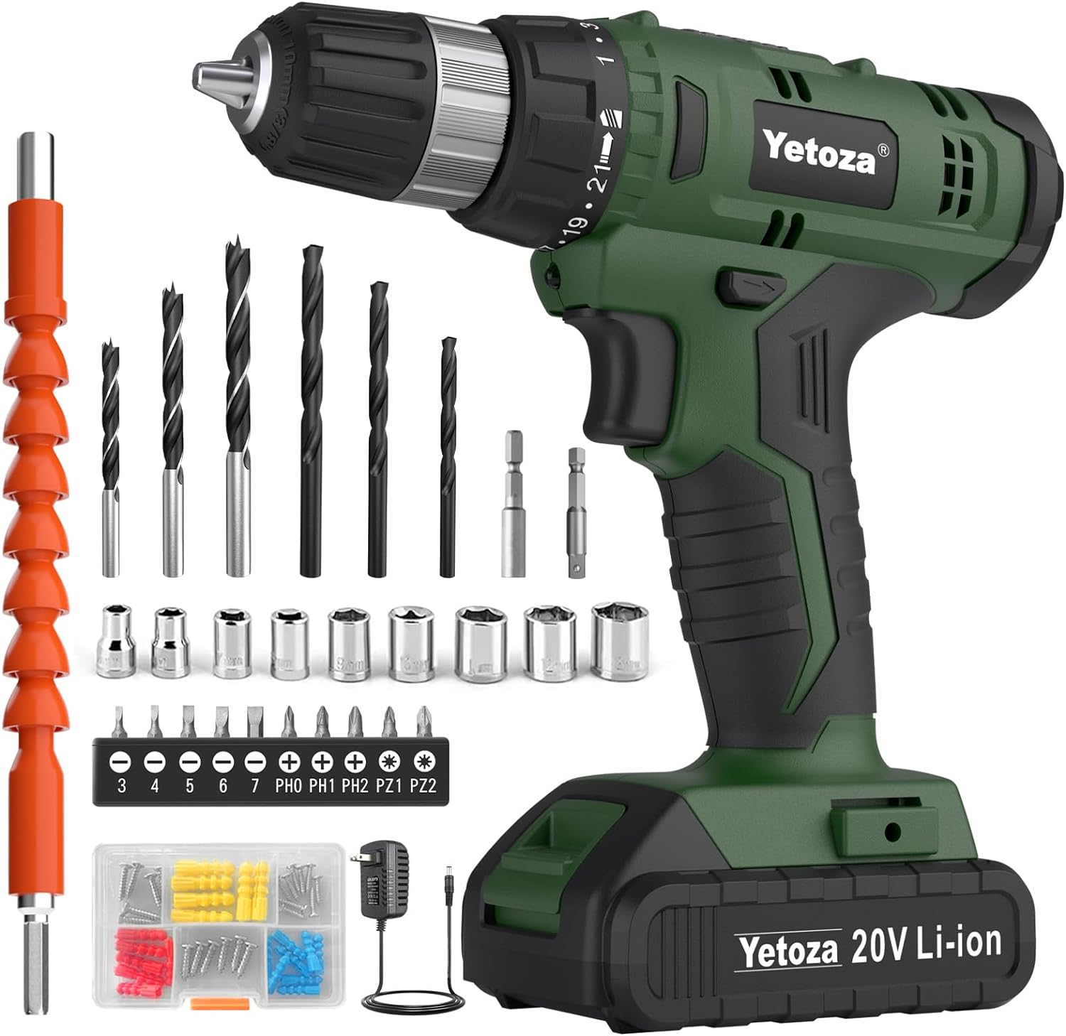 Yetoza Cordless Drill Set, 20V Lithium Ion Power Drill With Battery And Charger, Compact Driver/Drill Kit, 3/8-Inch Keyless Chuck, Variable Speed, 22 Position And 60 Drill Bits And Sockets (Green)