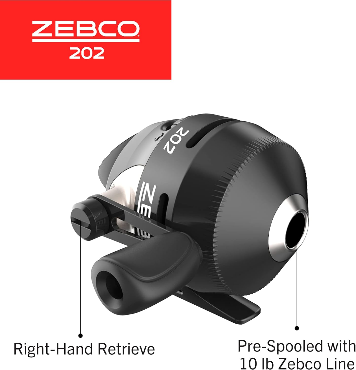 Zebco 202 Spincast Fishing Reel, Size 30 Reel, Right-Hand Retrieve, Durable All-Metal Gears, Stainless Steel Pick-Up Pin, Pre-Spooled With 10-Pound Zebco Fishing Line, Black, Clam Packaging