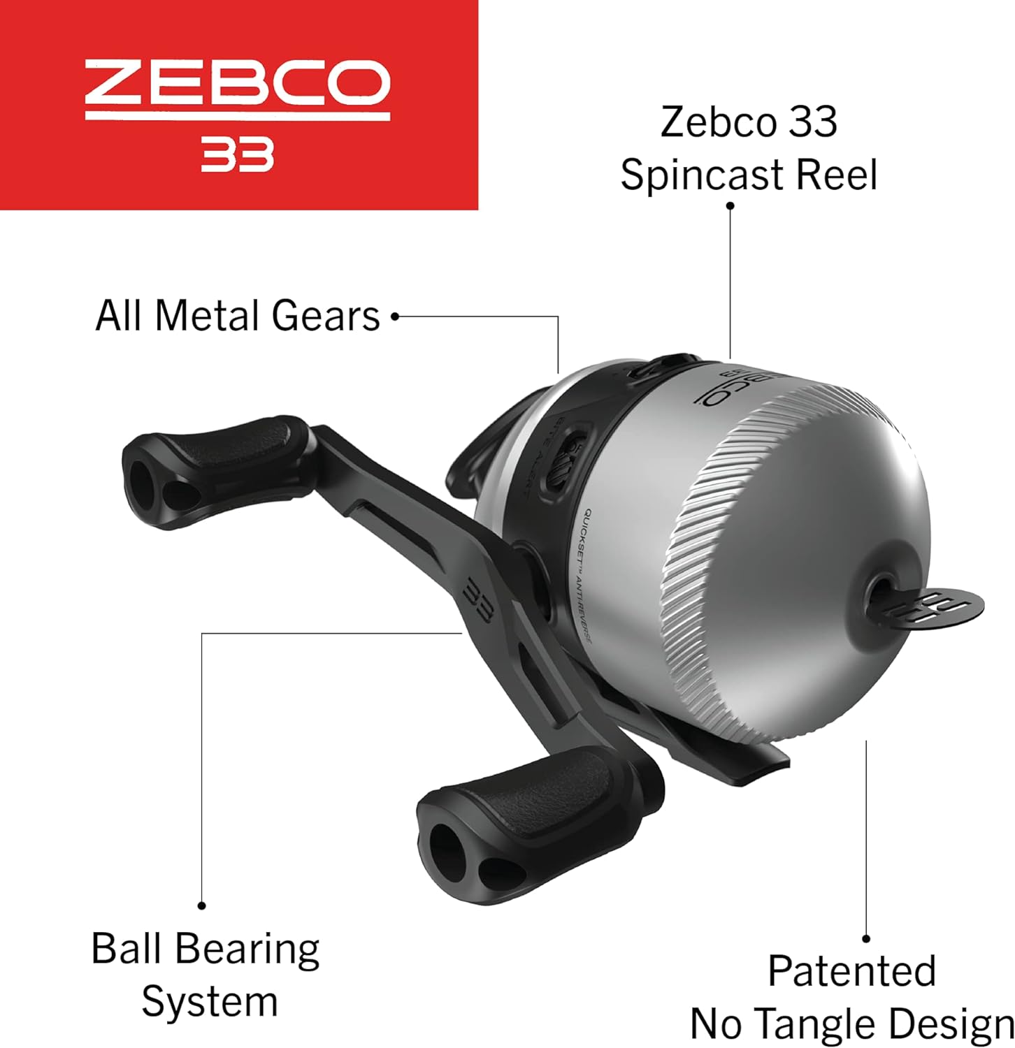 Zebco 33 Spincast Fishing Reel, Quickset Anti-Reverse With Bite Alert, Smooth Dial-Adjustable Drag, Powerful All-Metal Gears With A Lightweight Graphite Frame