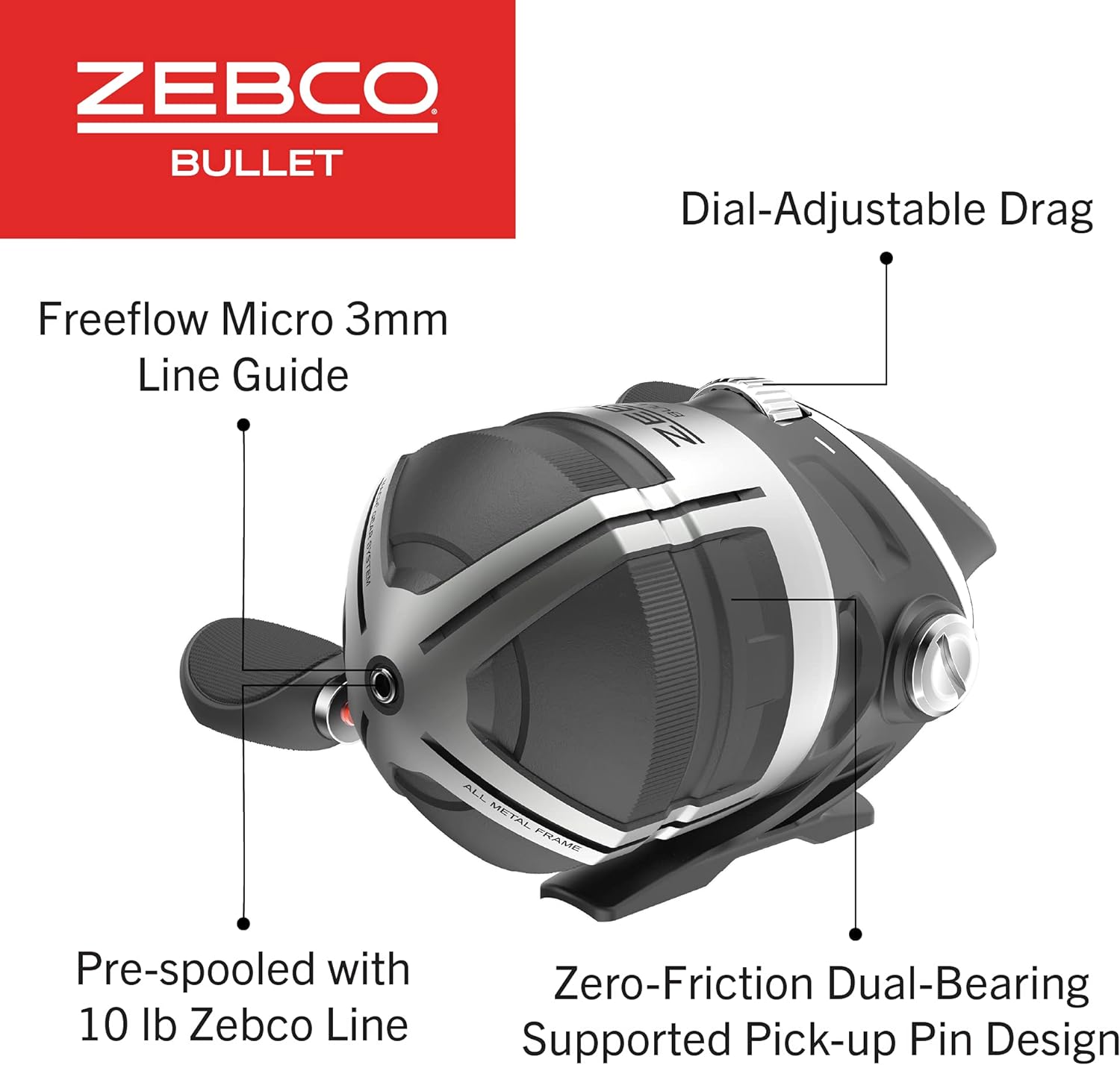 Zebco Bullet Spincast Fishing Reel, Size 30 Reel, Fast 29.6 Inches Per Turn, Gripem All-Weather Handle Knobs, Pre-Spooled With 10-Pound Zebco Fishing Line