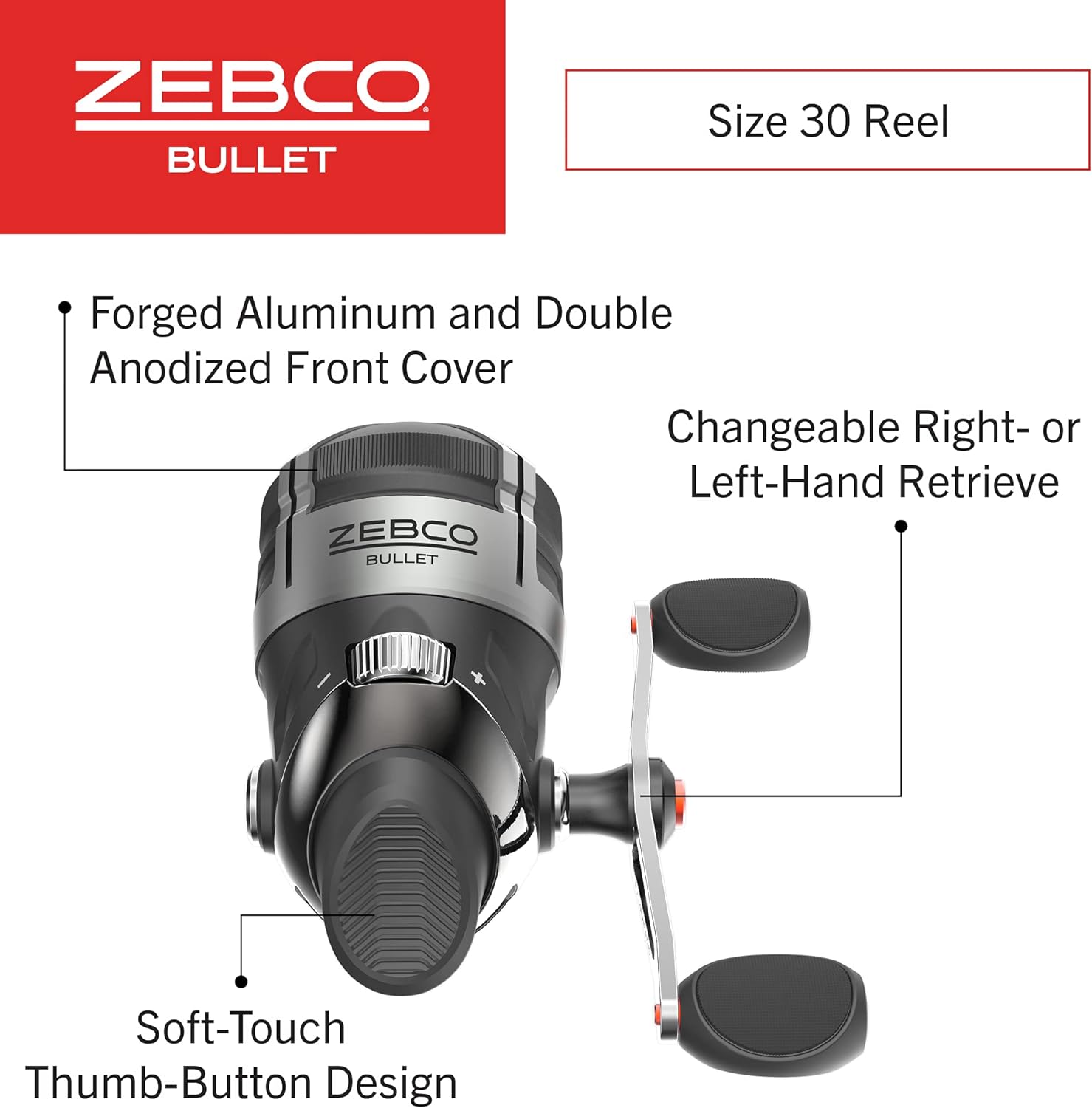 Zebco Bullet Spincast Fishing Reel, Size 30 Reel, Fast 29.6 Inches Per Turn, Gripem All-Weather Handle Knobs, Pre-Spooled With 10-Pound Zebco Fishing Line